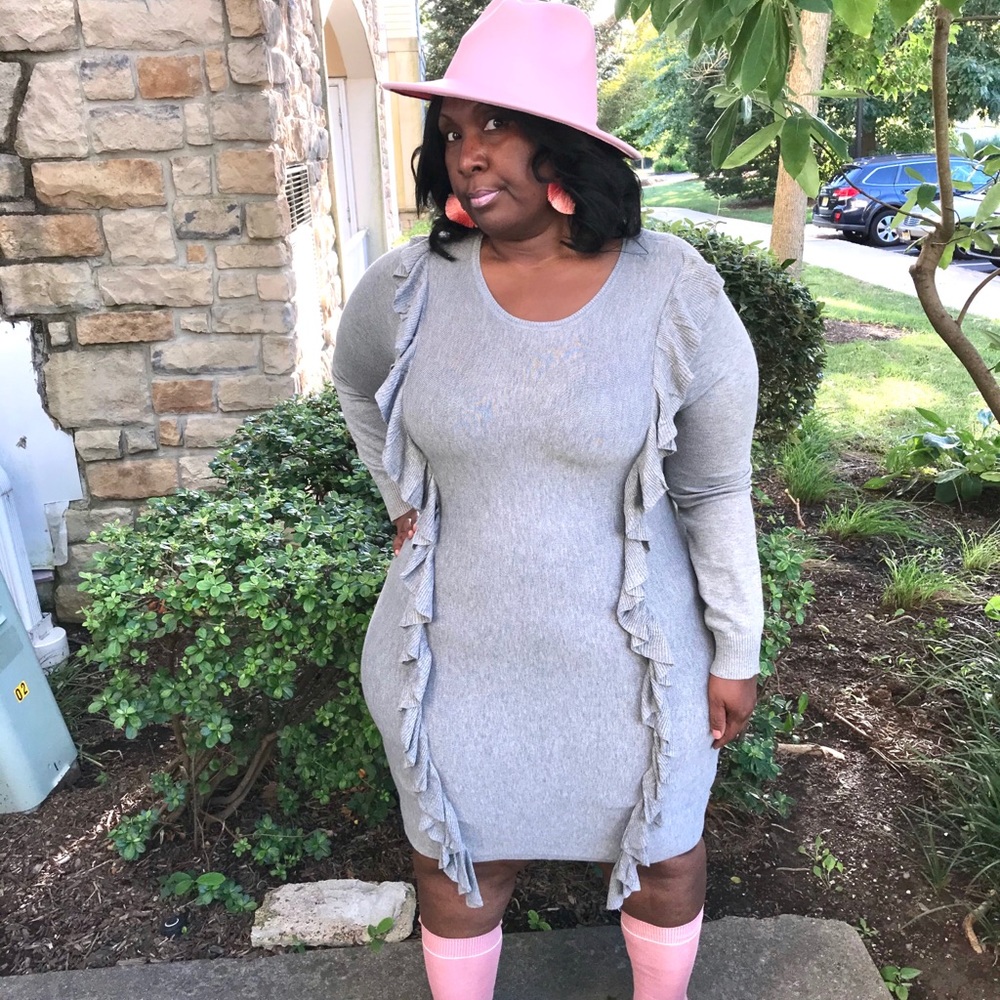 Gray Ruffled Sweater Dress